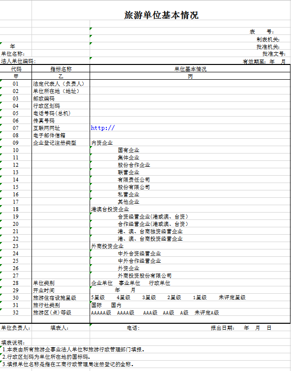 旅游单位基本情况表excel模板