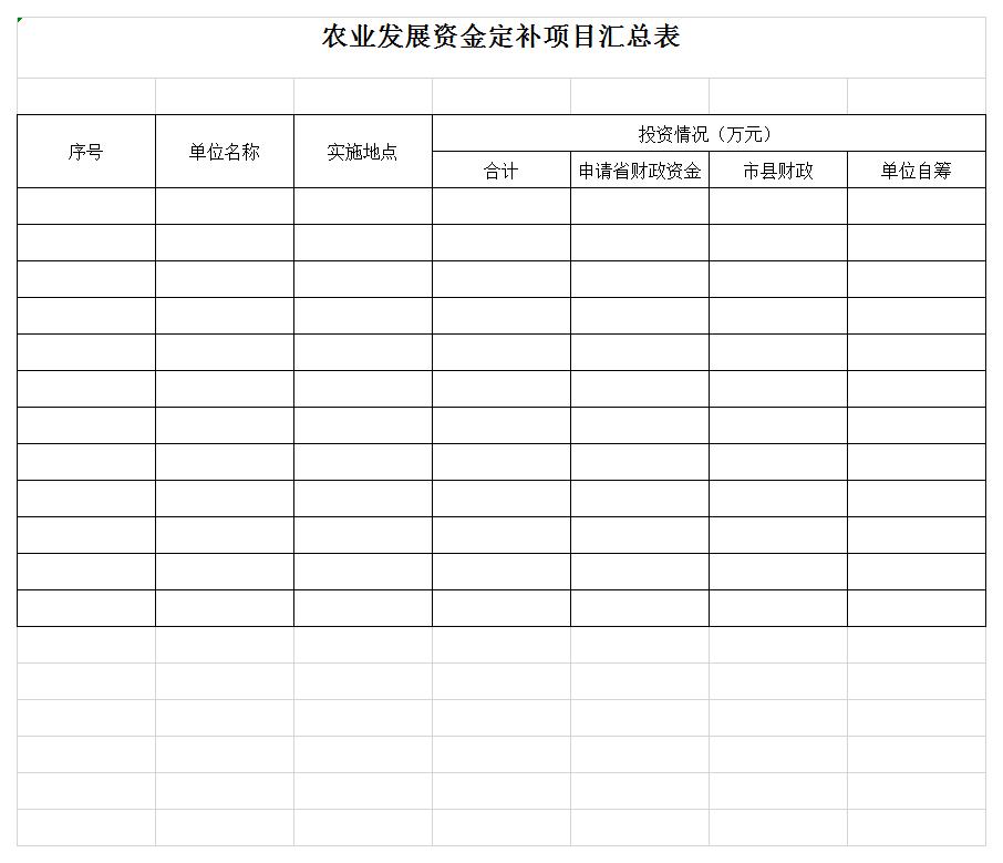 农业发展资金定补项目汇总表excel模板