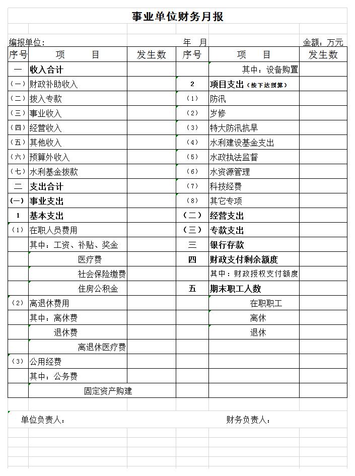 事业单位财务月报excel模板