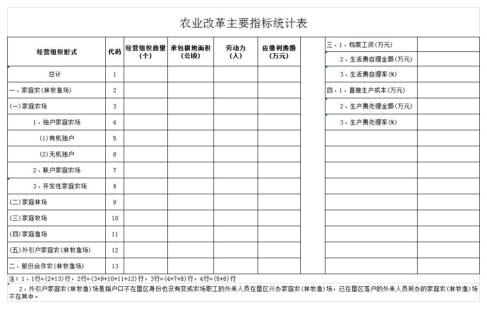 农业改革主要指标统计表excel模板