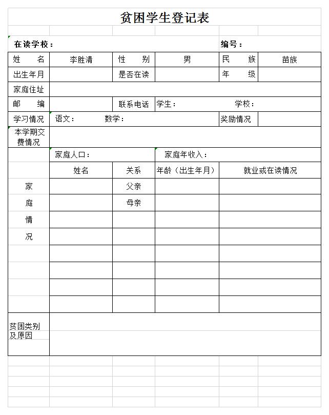 贫困学生登记表excel模板