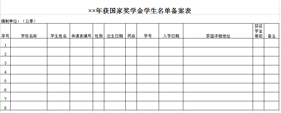 奖学金学生名单备案表excel模板