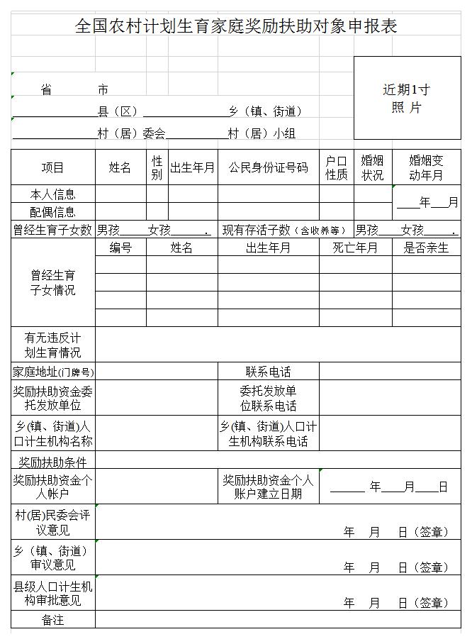 全国农村计划生育家庭奖励扶助对象申报表excel模板