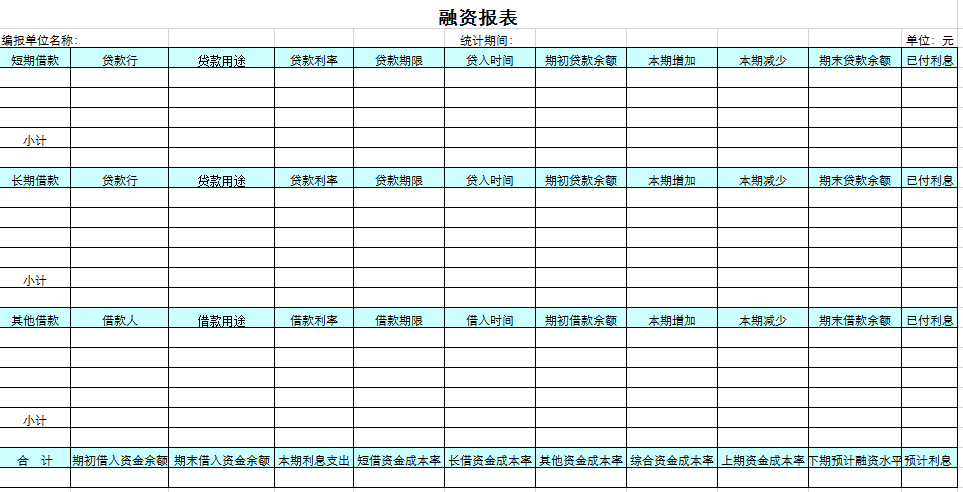 融资报表excel模板