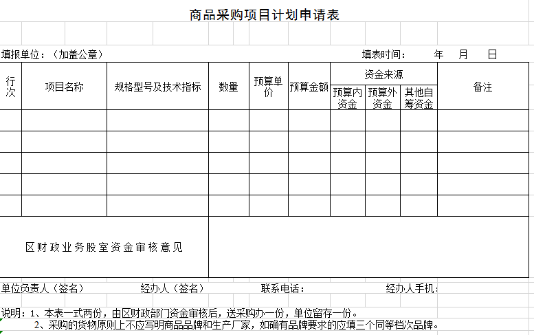 商品采购项目计划申请表excel模板