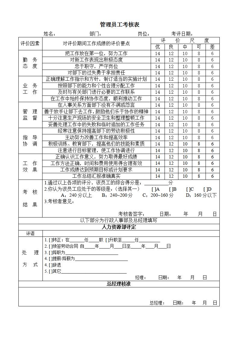 管理员工考核表word模板