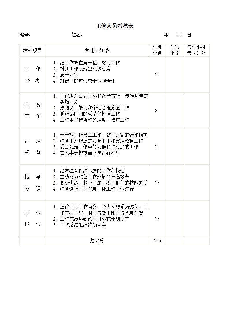 主管人员考核表word模板