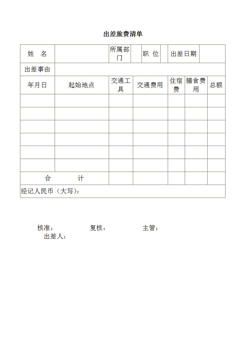 出差旅费清单Word模板