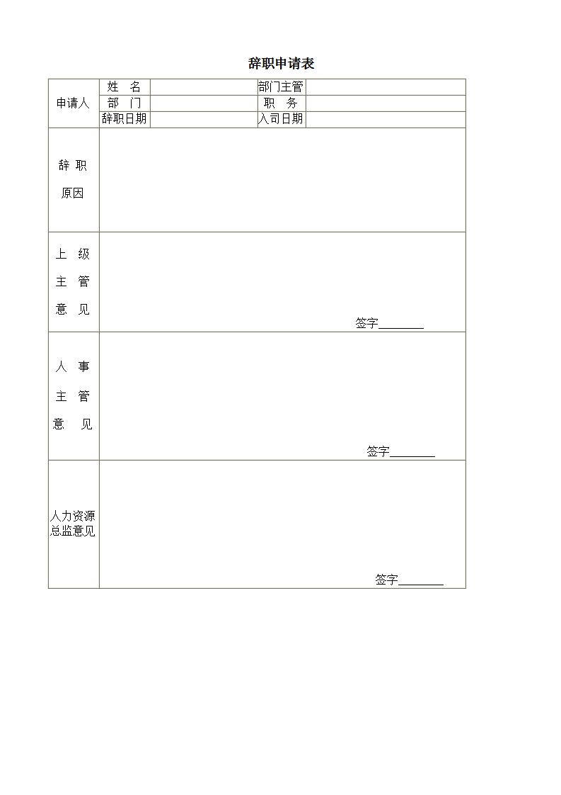 辞职申请表Word模板