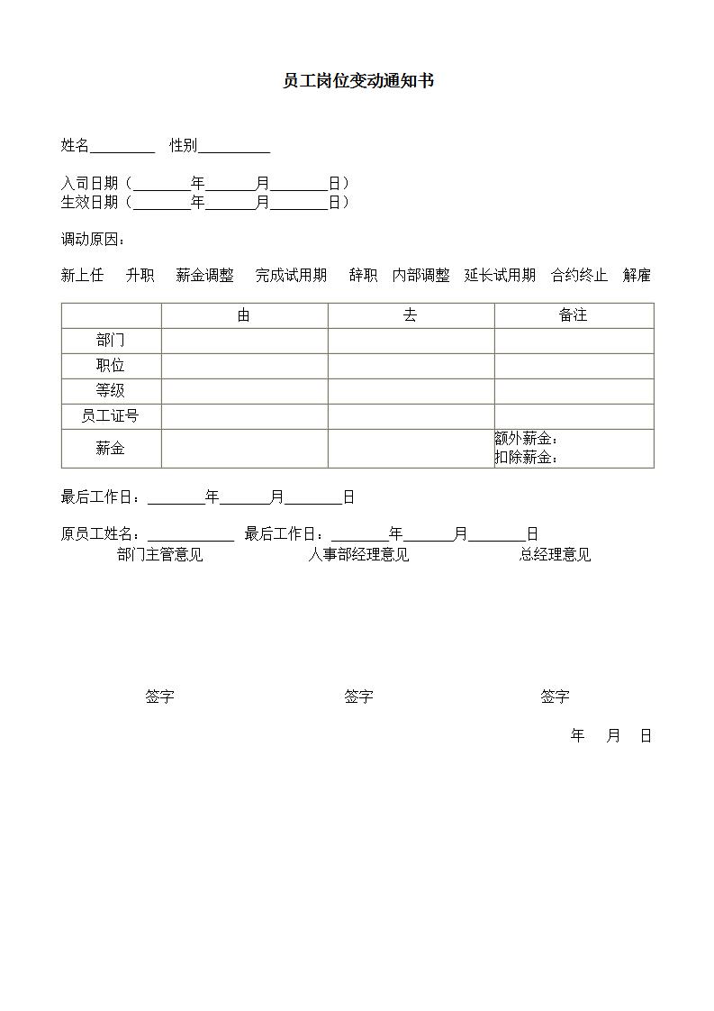 员工岗位变动通知书word模板