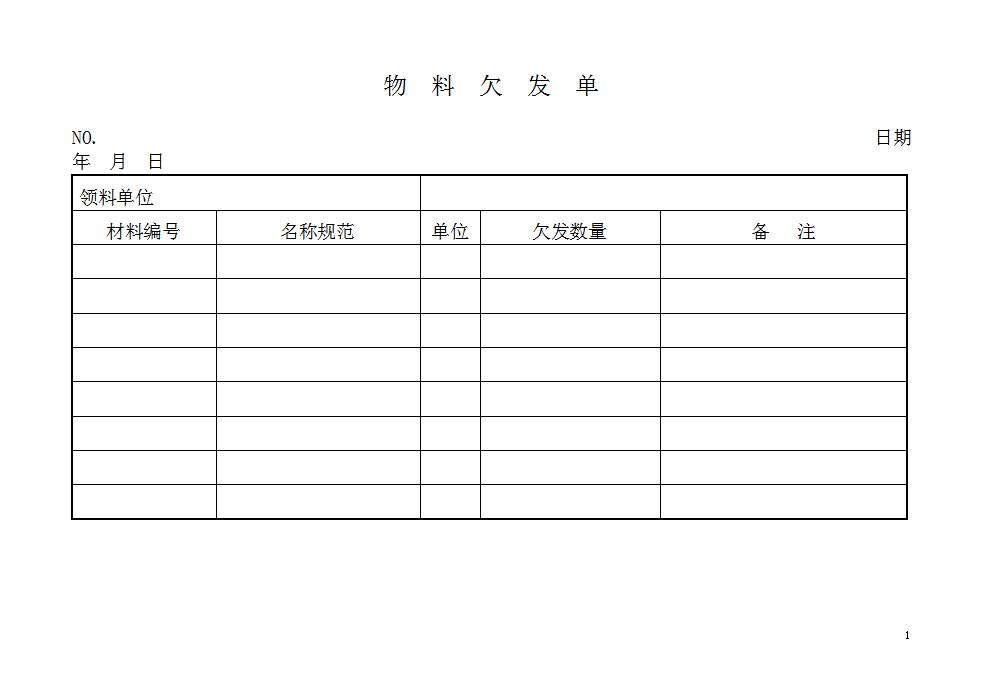 物料欠发单word模板
