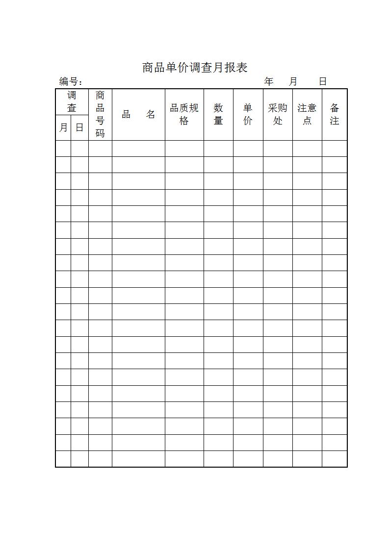 商品单价调查月报表Word模板