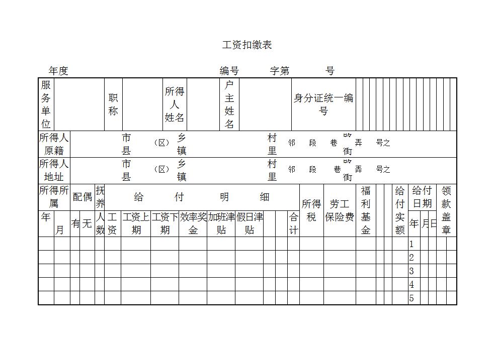 工资扣缴表Word模板