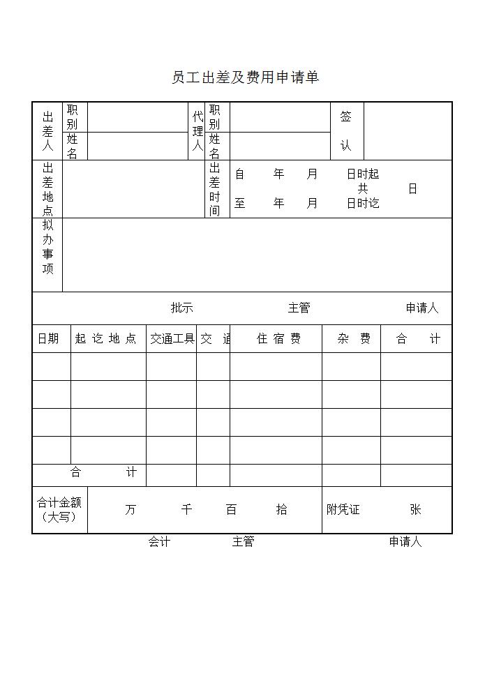 员工出差及费用申请表Word模板