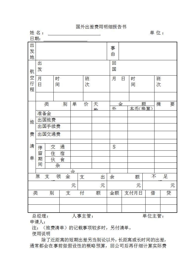 国外出差费用明细表Word模板