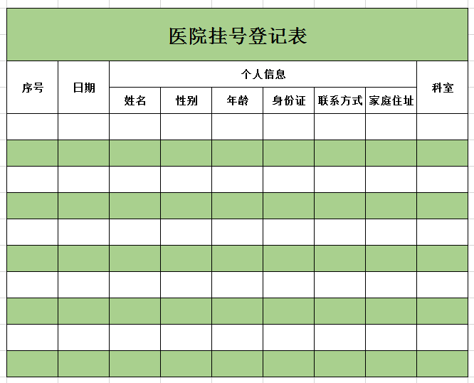 医院挂号登记表excel模板