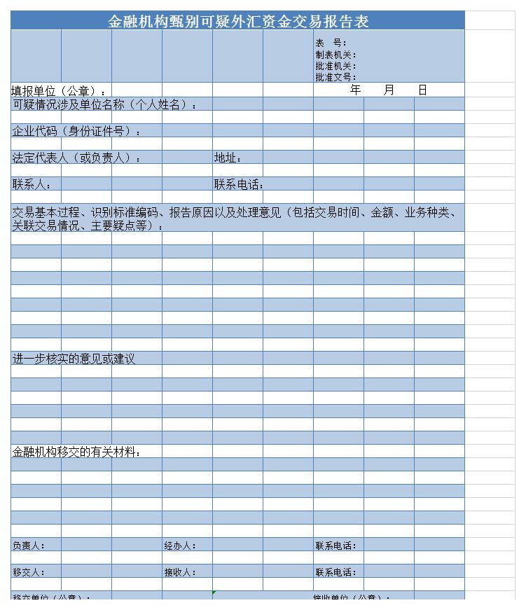 金融机构甄别可疑外汇资金交易报告表excel模板