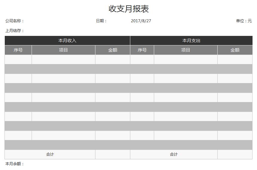 收支月报表excel模板