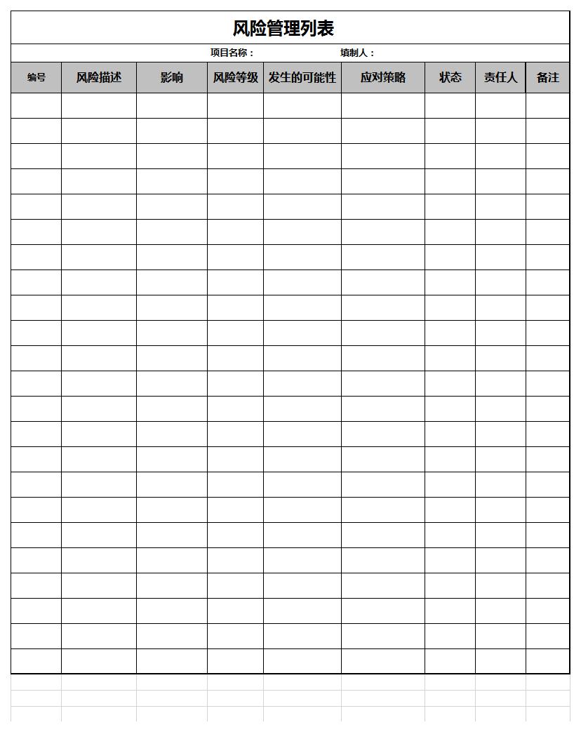 风险管理列表excel模板
