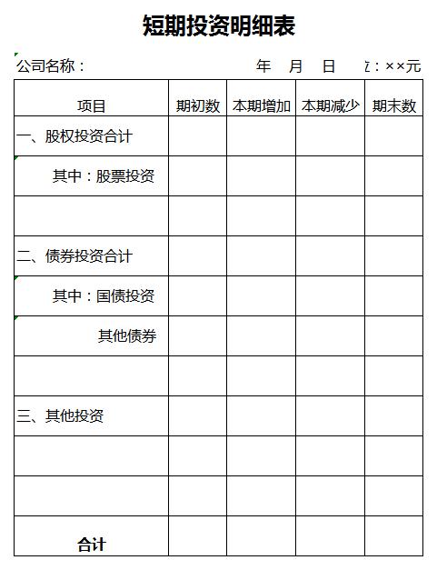 短期投资明细表excel模板