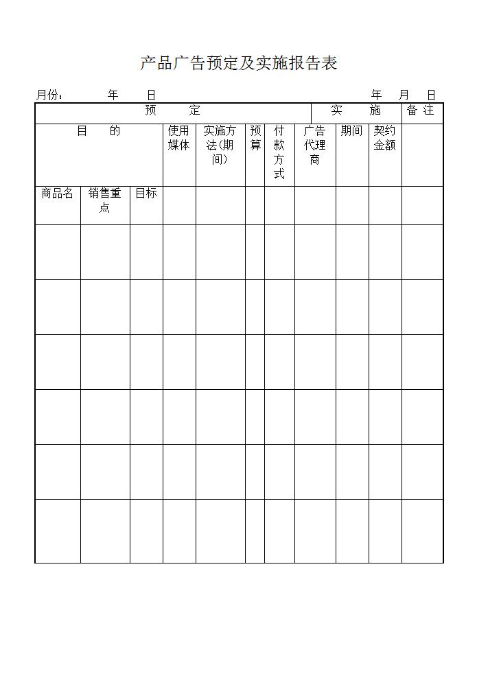 产品广告预定及实施报告表Word模板