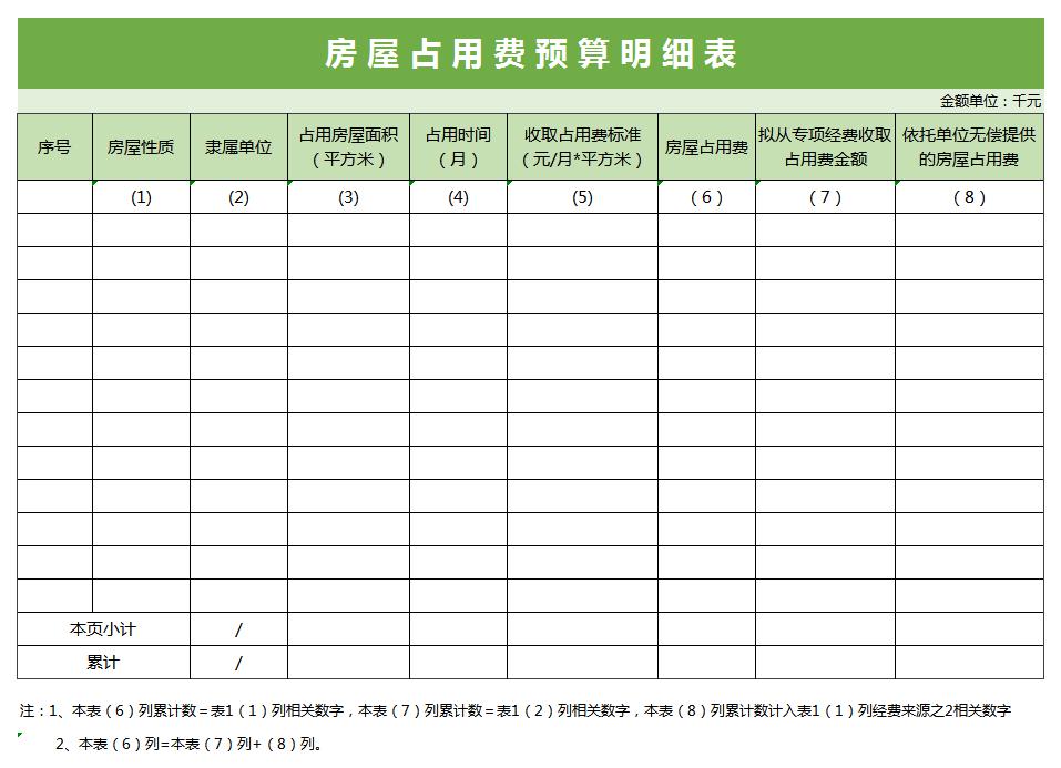 房屋占用费预算明细表excel模板