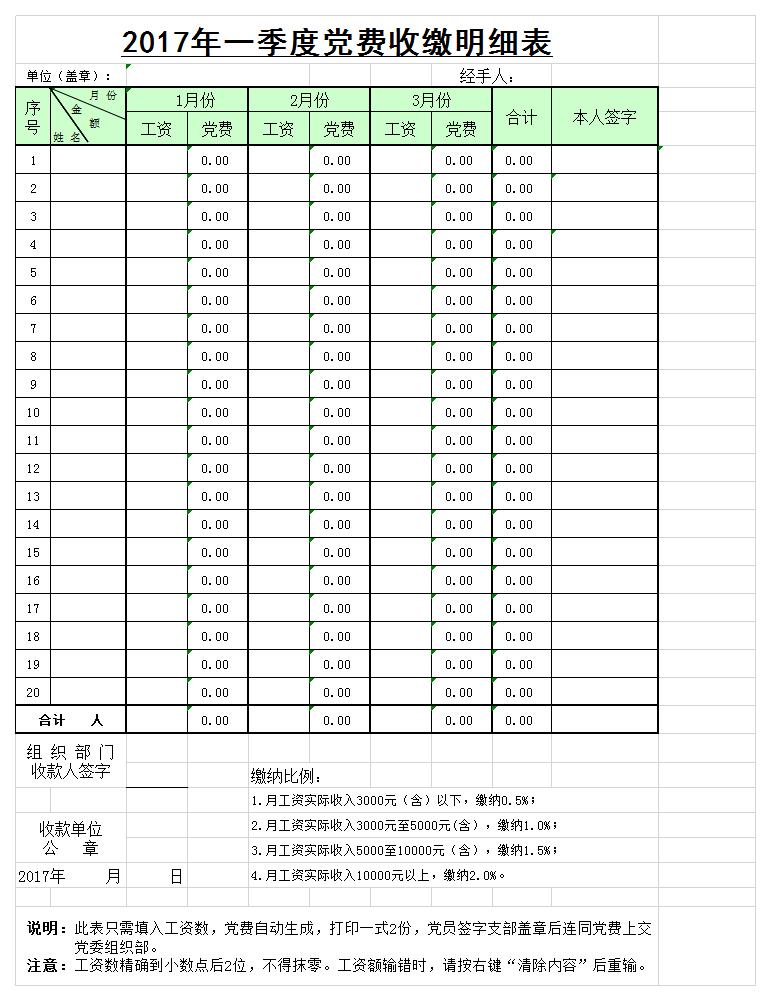 季度党费收缴明细表excel模板