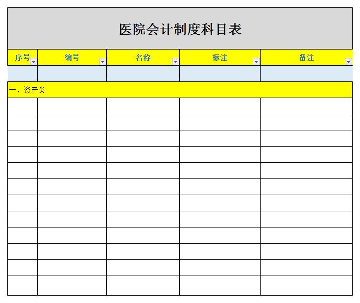 医院会计制度科目表excel模板