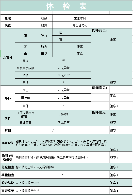 体检表excel模板