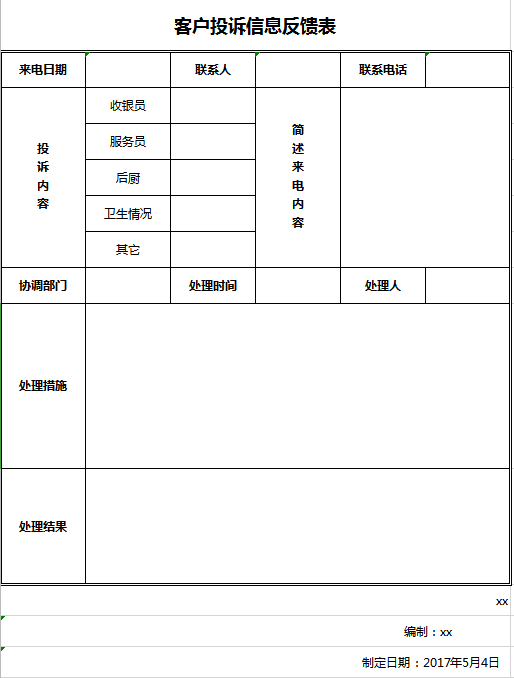 客户投诉信息反馈表excel模板