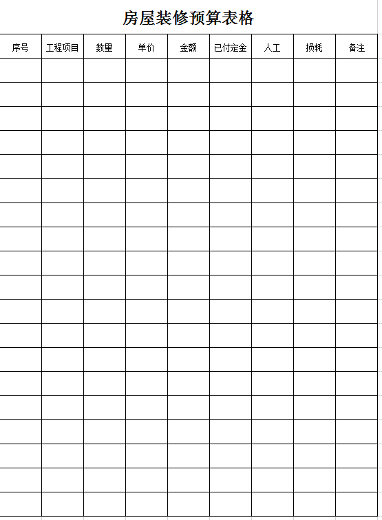 房屋装修预算表格excel模板