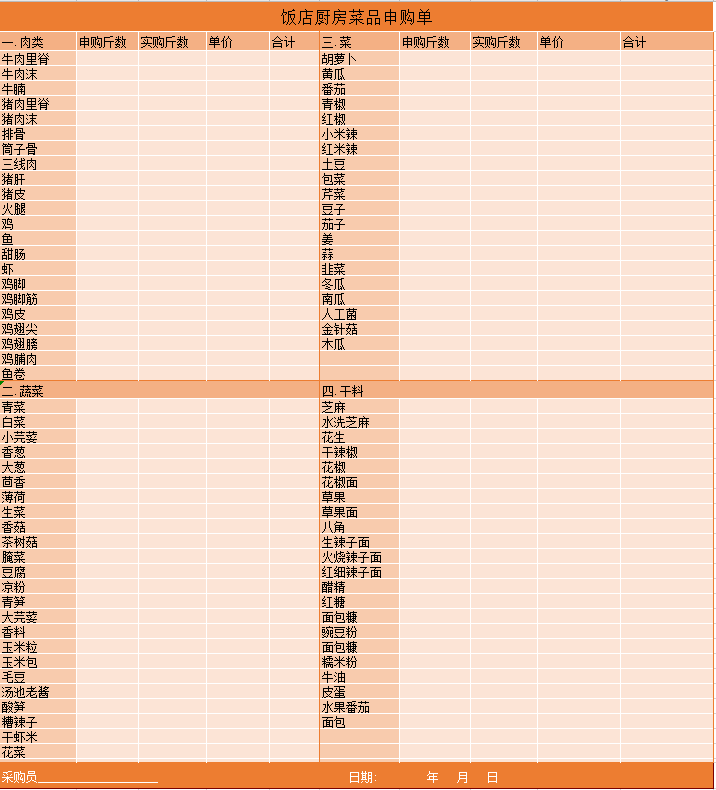 饭店厨房菜品申购单excel模板