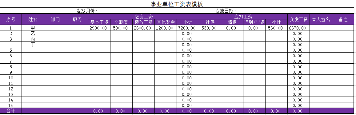 事业单位工资表excel模板