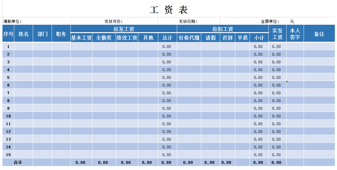 财务部门工资表excel模板