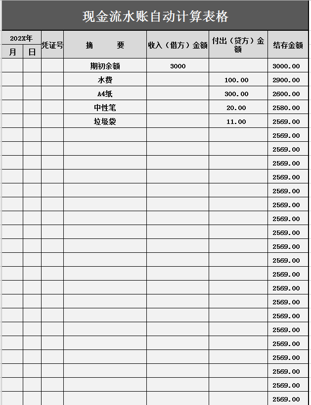 现金流水账明细表（带公式）excel模板