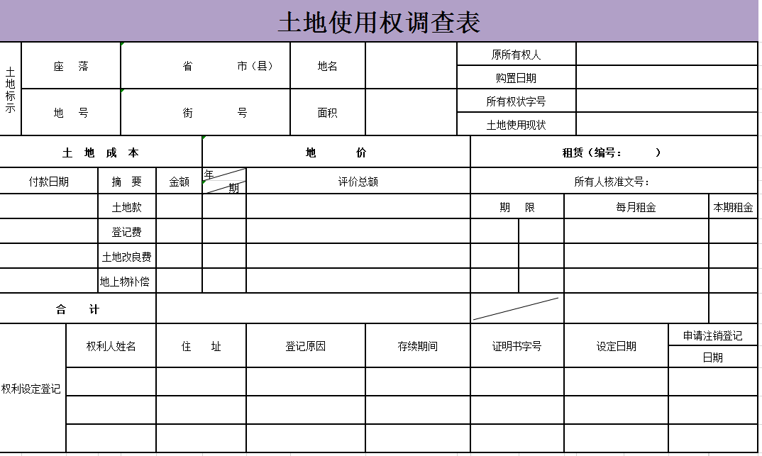 土地使用权调查表excel模板2