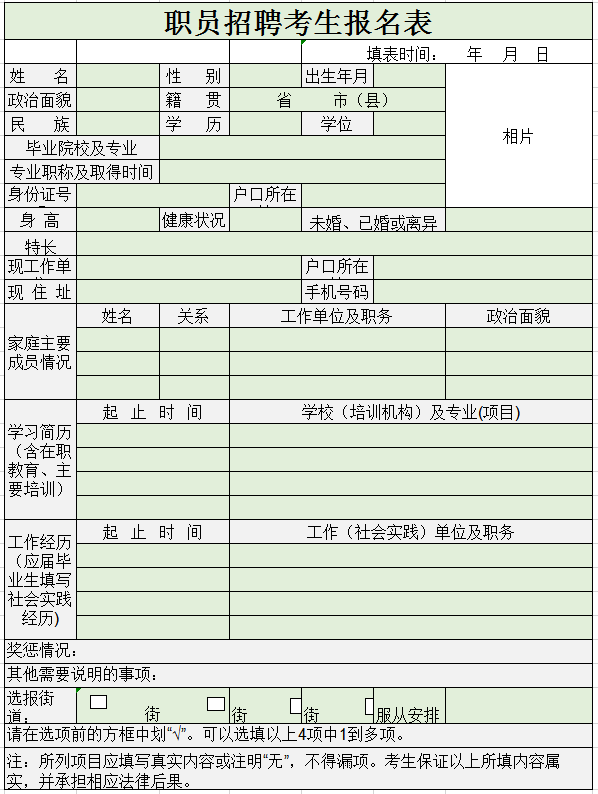 职员招聘考生报名表excel模板