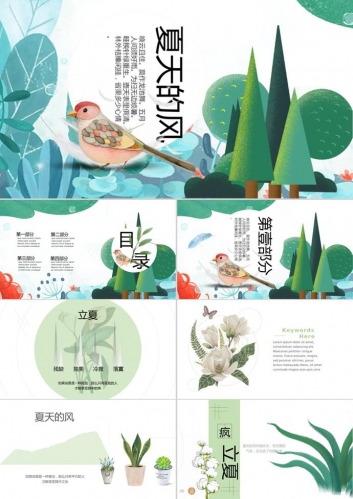 清新小鸟风格立夏PPT模板