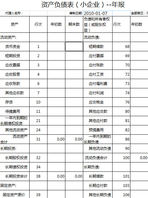 资产负债表（小企业）-年报