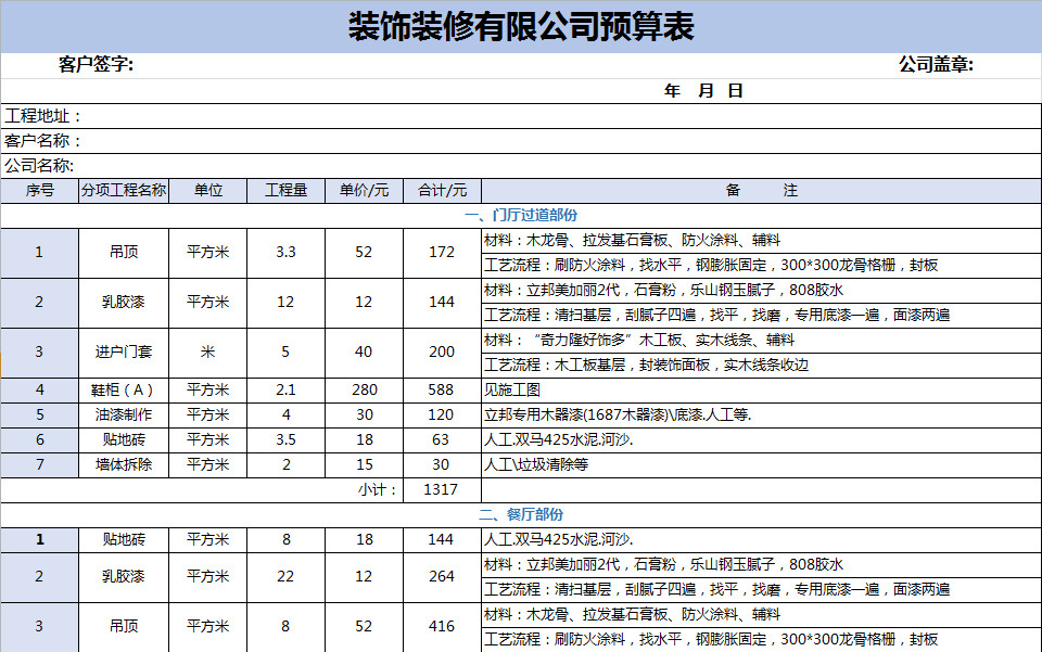 装饰装修材料预算表