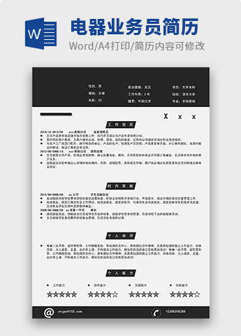 黑色系现在风电器业务员简历模板