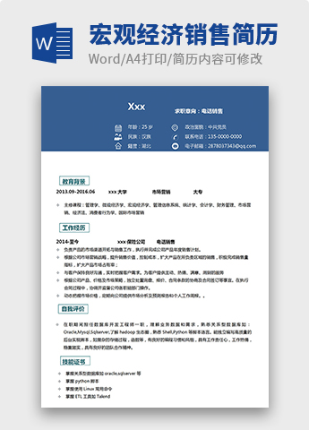 蔚蓝简约风电话销售个人简历模板