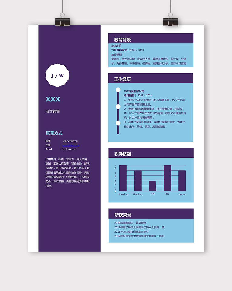 宝蓝柱状图分析销售个人简历模板