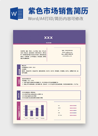 紫色创意风格市场销售个人简历模板