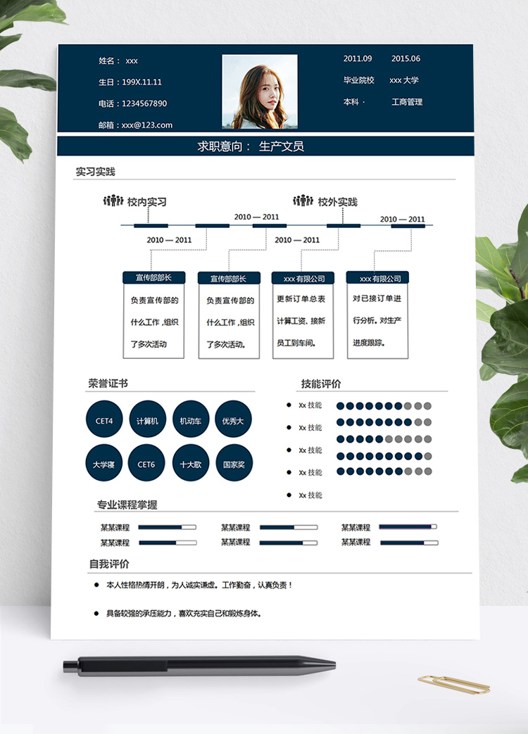 藏青色创意风生产文员个人简历模板