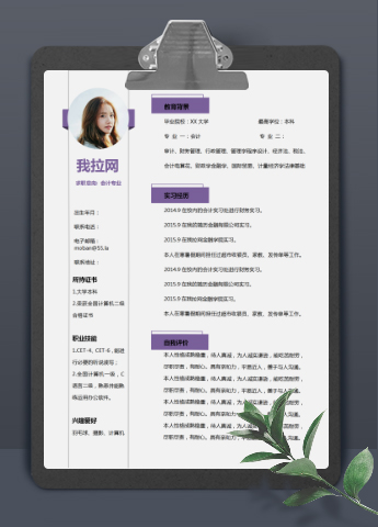 紫色系简约风出纳专员个人简历模板