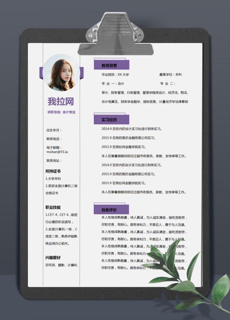 紫色系简约风出纳专员个人简历模板