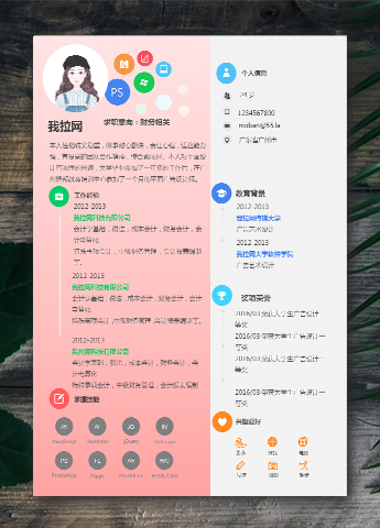 粉色系创意风格财务职位简历模板