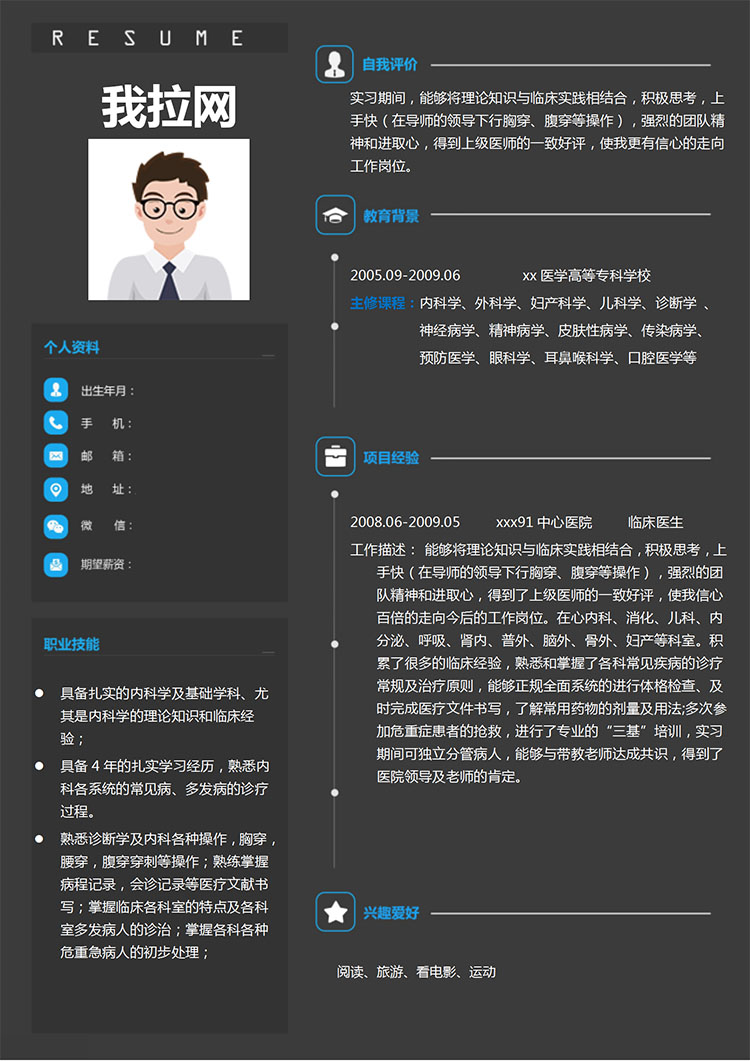 暗色系简洁风临床医学生简历模板-1