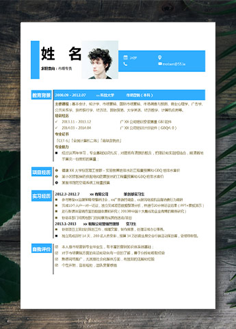 蔚蓝色创意风市场专员应届生简历